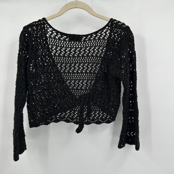 Its Our Time Women Black Crochet Tie Front Top Sz M Festival Hippie Boho Cropped - Picture 1 of 5